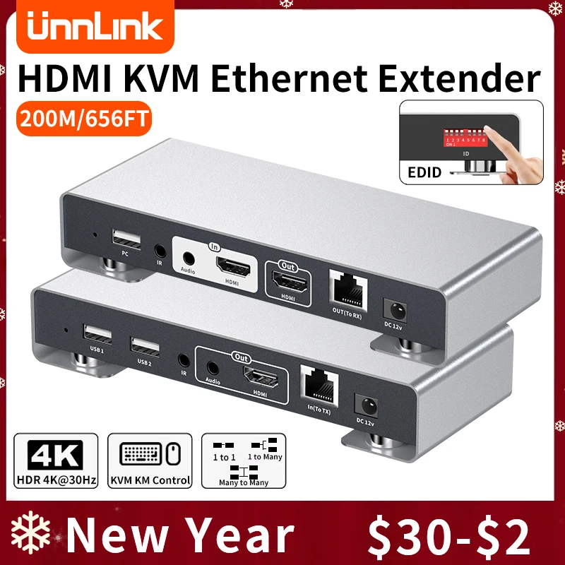 

Unnlink HDMI KVM Extender 200m 4K 30Hz Over IP Rj45 USB Ethernet Extender 656FT With IR EDID Share Mouse Keyboard To TV Monitor