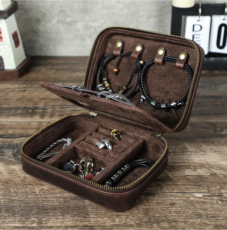 Luxus Doppelschicht Echtleder Schmuck Ohrring Armband Reißverschluss Box Reise Tragbarer Aufbewahrungskoffer mit Spiegel Geschenkverpackung – Detail 2