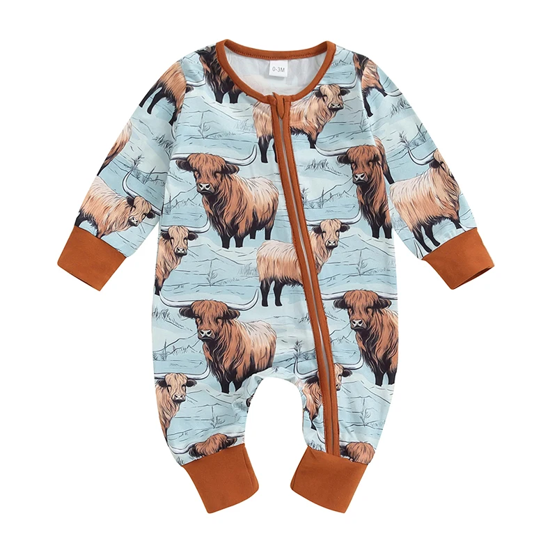 

Western Infant Baby Boy Girl Outfit Cow Cactus Print Long Sleeve Romper Crewneck Zipper Jumpsuit Fall Counrty Clothes