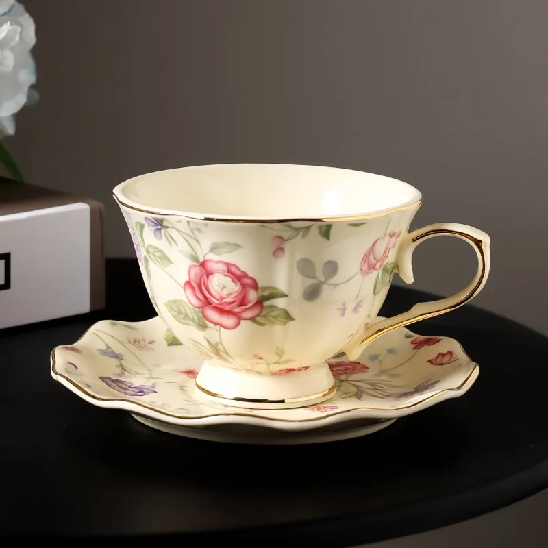 

250ml European Ceramic Coffee Mug Saucer High-grade Flower Water Cup Gold Border Breakfast Milk Mug Palace Afternoon Tea Cup New