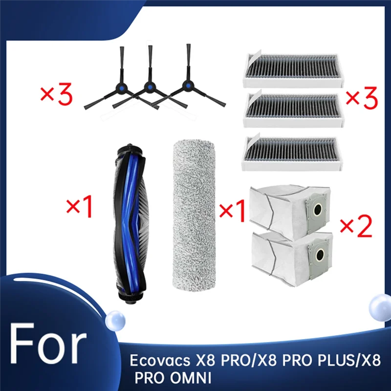 EAS-Spazzola a rullo principale + kit rullo per Ecovacs X8 PRO/X8 PRO OMNI/X8 PRO PLUS Filtro HEPA Spazzola laterale Sacchetto per la polvere Parti per aspirapolvere