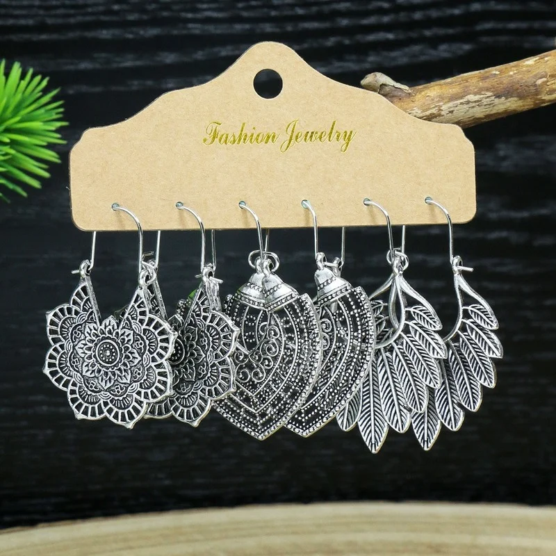 3 Pairs Ancient Silver Color Earrings Set for Women Vintage Bamboo Moon Leaves Shape Alloy Indian Earrings Ethnic Boho Jewelry