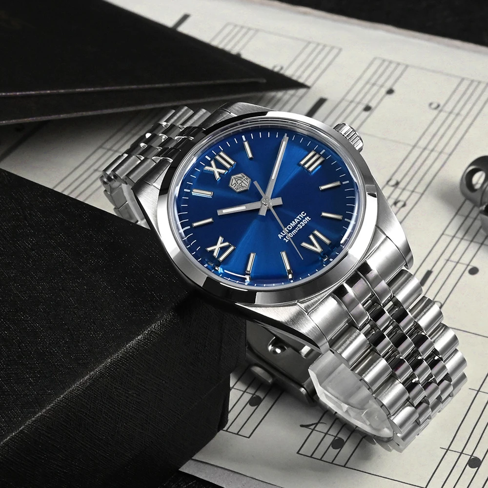 San Martin 39mm Men Dress Automatic Mechanical Watch Steel YN55 Roman Numeral Sunray Dial Business Watches Sapphire 10Bar SN0050