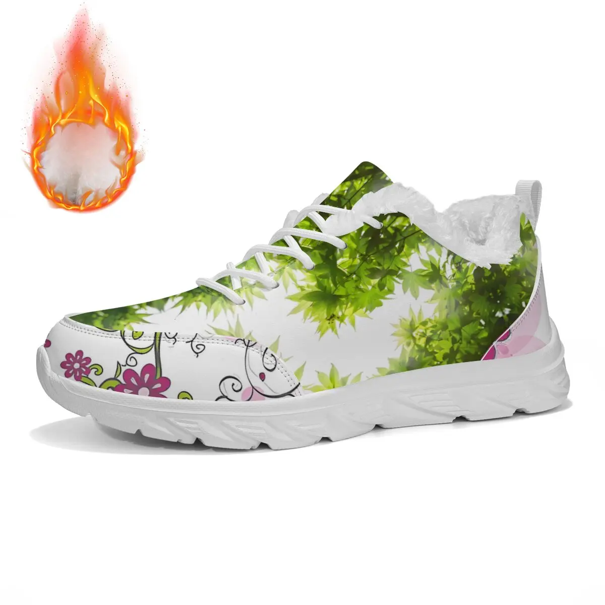 

Fashion Fur Lined Sneakers with green Leaves and Pink Flowers Shoes for Men Women Lightweight Walking Tennis Sports Shoes