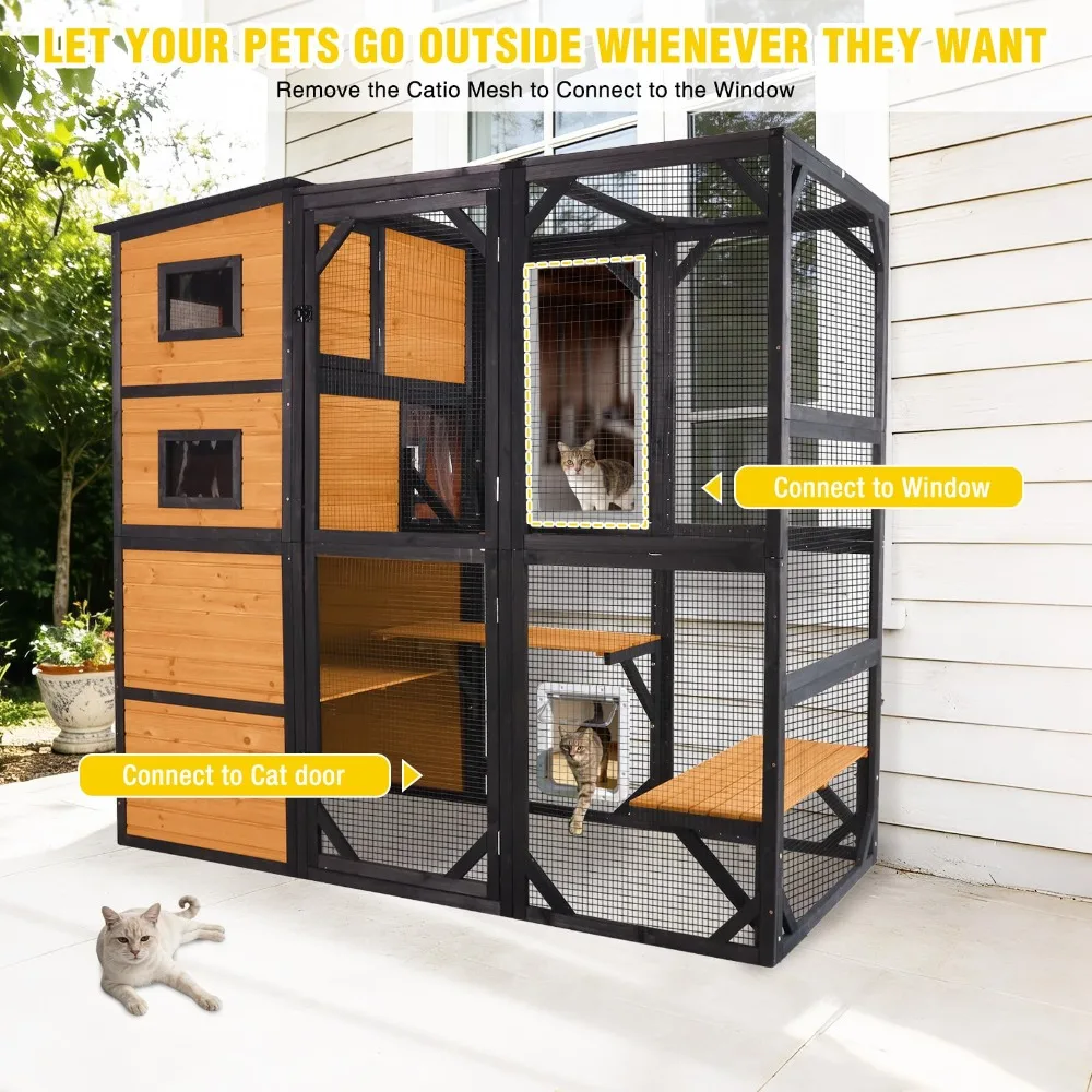 Large Catio Cat Enclosure Window for Outdoor Cats, Weatherproof Cat House with Roof, Resting Platforms & Windows