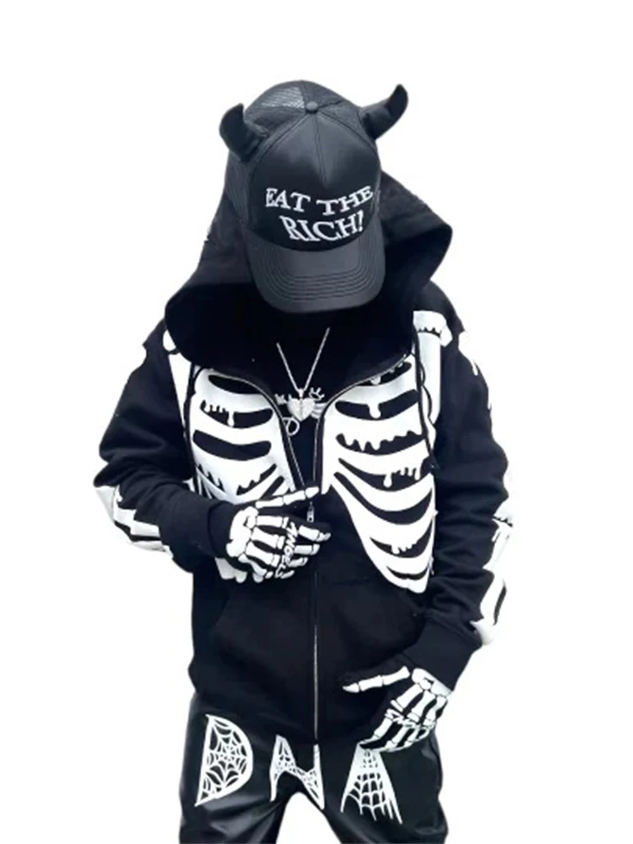 Women s Rhinestone Embellished Oversized Zip Up Hoodie Y2K Skeleton Sweatshirt - Aesthetic Pullover Jacket for Gothic