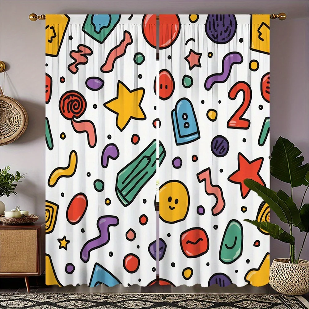 curtain[Launch]2pcs HD Digital Curtain Printing Halloween Series with Geometric Patterns Colorful Cartoon Design for Bedrooms Mo