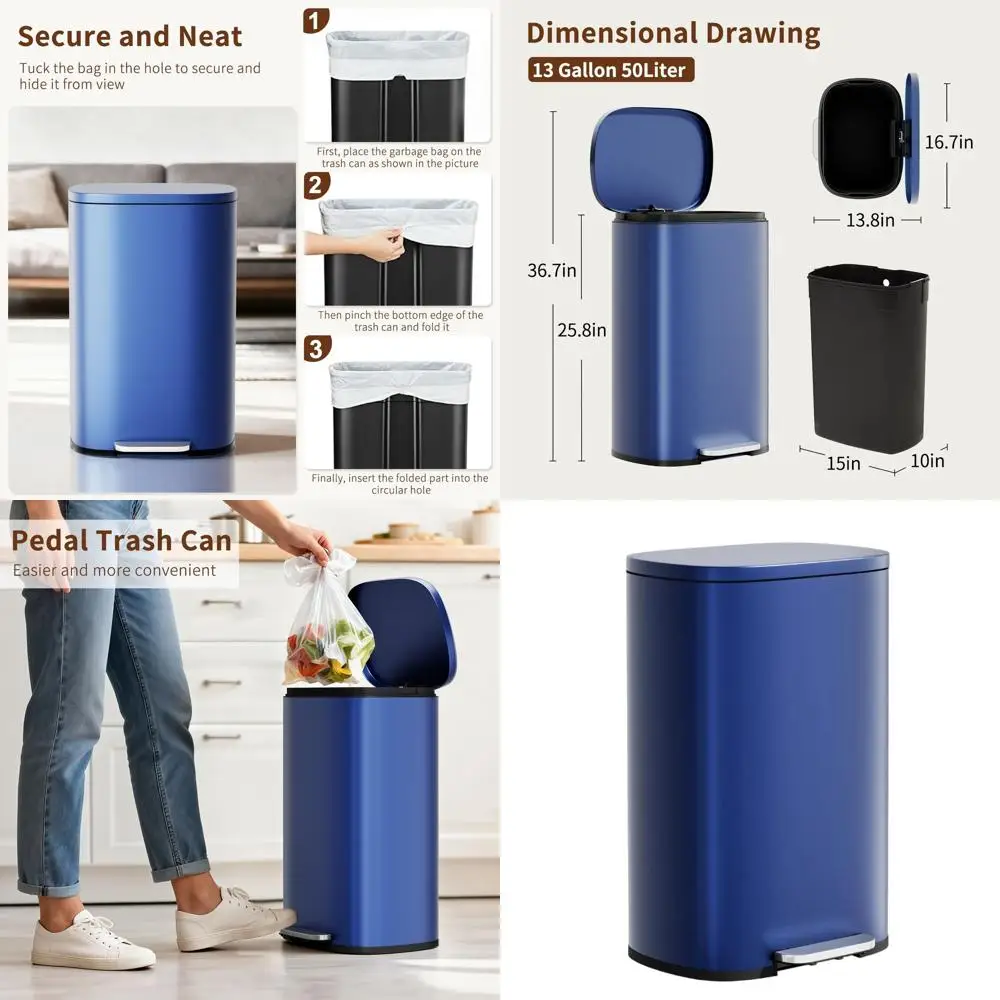 

Foot-Pedal Trash Can with Removable Bucket, Deep Blue, 13 Gallons for Home Kitchen Use