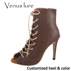 Venus lure Customized Women's 11CM Slim Heel Rubber Sole Leatherette Jazz Shoes Lace-up Dance Heels Boots