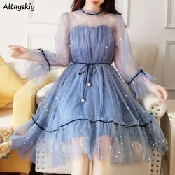 Mesh Dresses Women Patchwork Sequined Holiday O-Neck Spring Korean Style Elegant Vestido Feminino Sweet College Female Popular