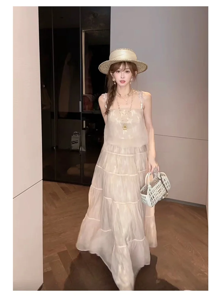 

Mimius Summer Lace Mesh Strap Women's Fashion Set Elegant Light Maturity Two-Piece Outfit Holiday Style Complete Look OOTD