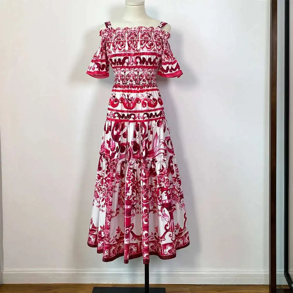 

Summer Runway Designer Holiday Cotton Dress Women's Spaghetti Strap High Elastic Waist Blue White Porcelain Print Midi Vestidos