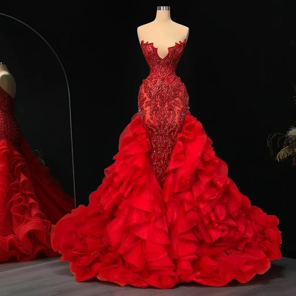 

Красное вечернее платье русалки 2025 со съемным шлейфом и рюшами, сексуальное вечернее платье из бисера, элегантное вечернее платье для свадебного гостя по индивидуальному заказу