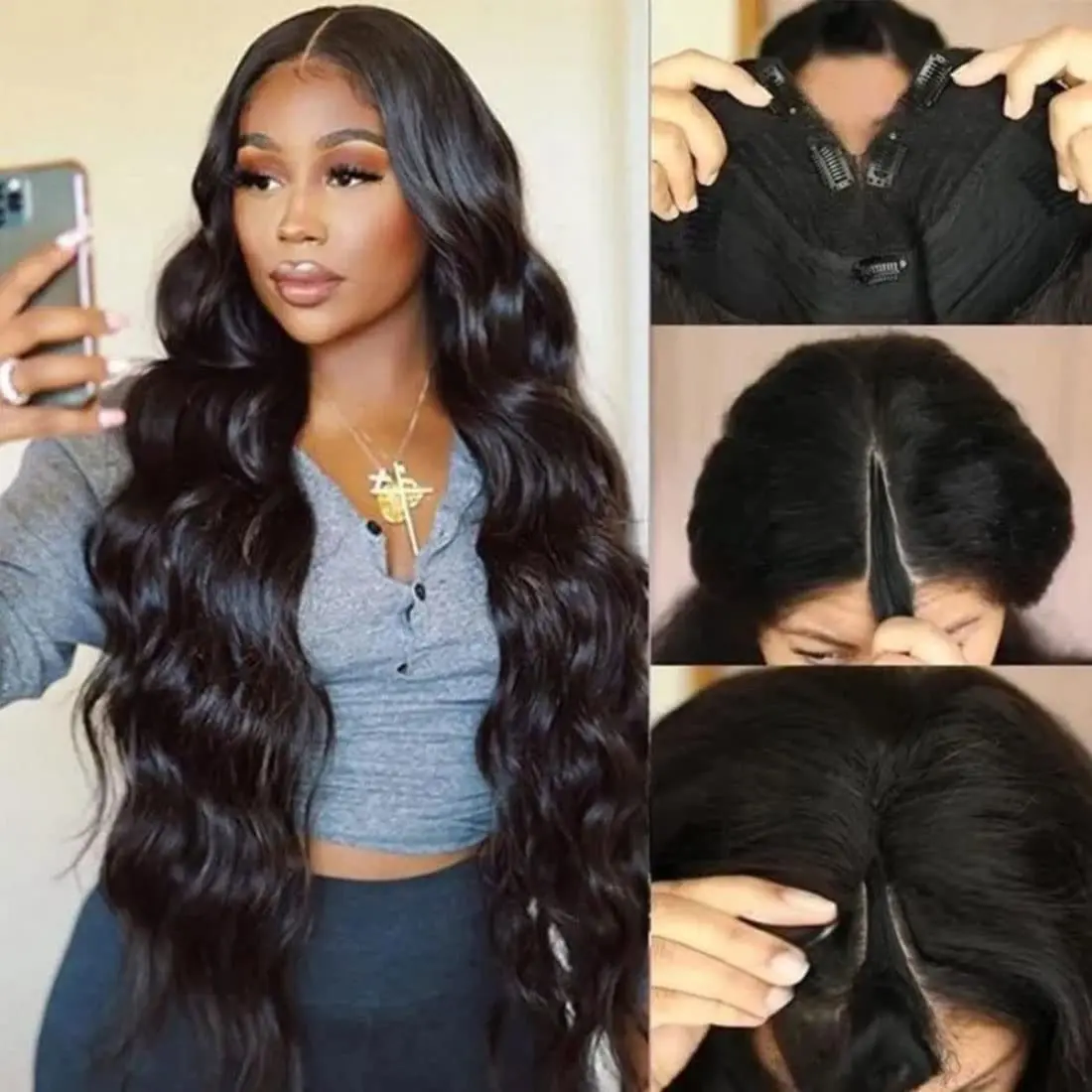 V Part Wigs Human Hair Body Wave Upgrade Glueless Human Hair V-Part Clip in Wigs No Leave Out, No Glue, Hair Wigs for Women