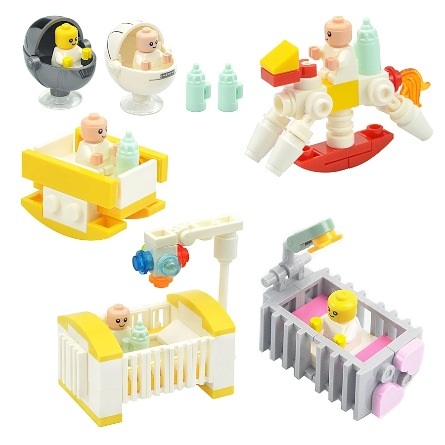 MOC Assemble City Bricks Furniture Baby Stroller Bed Building Blocks Kids Cart Chair Milk Bottle Cradle Decoration Toys Gift