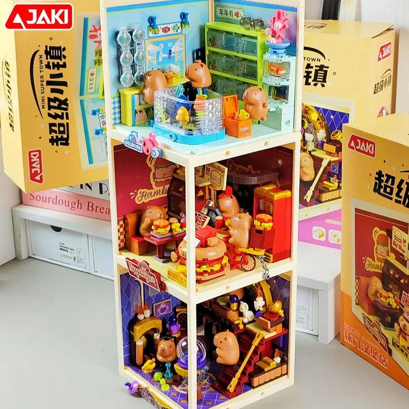 Jaki blocos de construção capivara retro combinação ornamentos em miniatura cena rua modelo lazer dos desenhos animados quebra-cabeça apresenta brinquedos