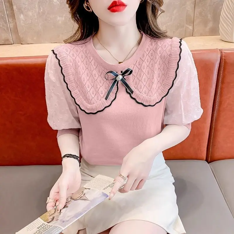 Ice Silk Knit Short-sleeved T-shirt Women's New Summer Temperament Chiffon Bubble Sleeve Top