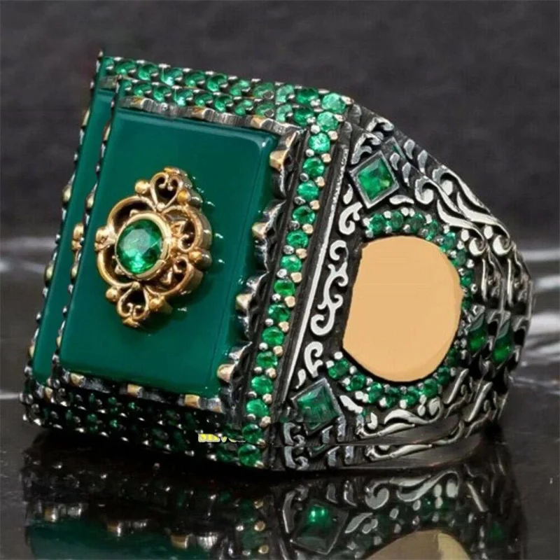 European and American Atmosphere High-end Emerald Square Ring Men's Fashion Large Size Trendy Exaggerated Index Finger Ring