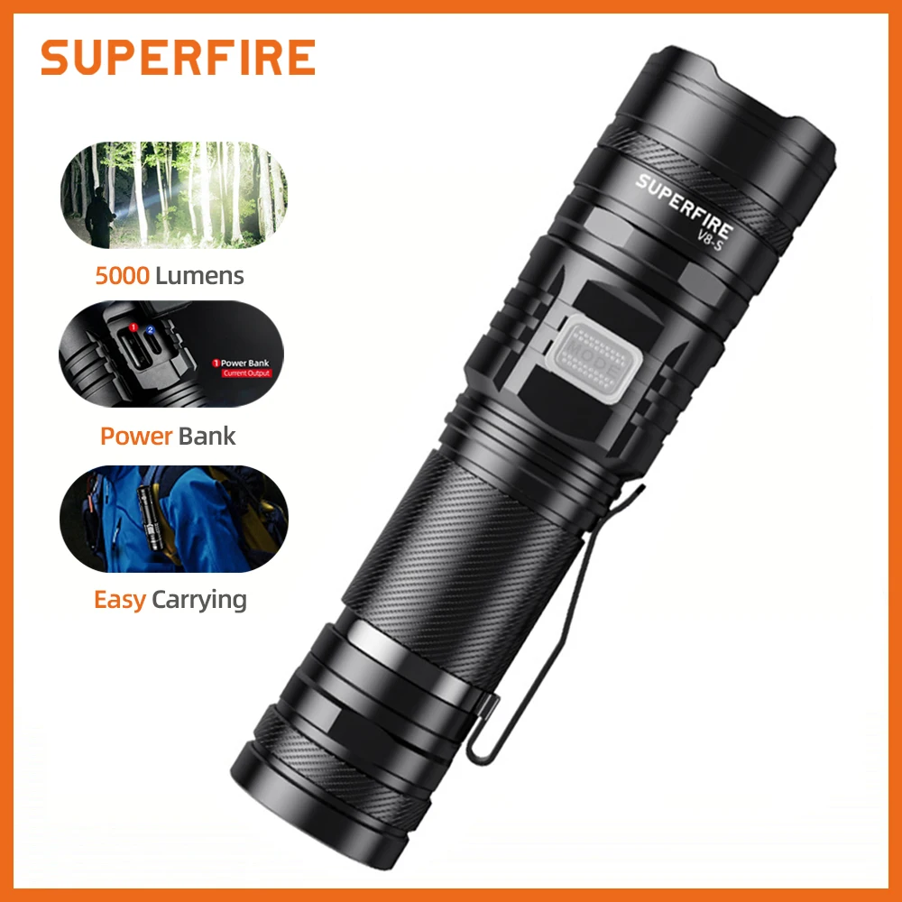 

SUPERFIRE V8-S 36W High Power Waterproof LED Tactical Flashlight Super Bright 5000LM Torch Indicator USB-C Hunting Lights