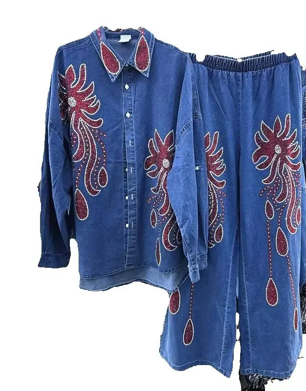 

2025 New Autumn Fashion Women Denim Sets Hot Drilling Loose Long Sleeve Cardigans Shirt + Elastic Waist Casual Straight Jeans
