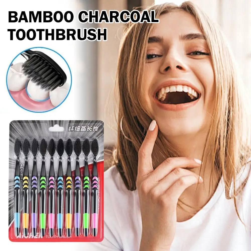 10 Pcs Family pack toothbrush, Bamboo Charcoal Soft Bristles Toothbrush, Travel Carry，Color random