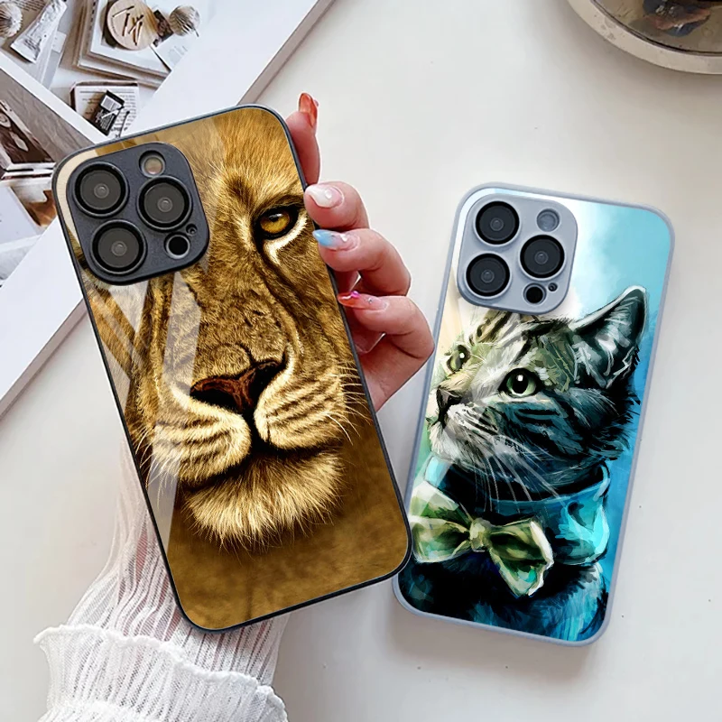 

Cute Cat Glass Phone Cases For iPhone 16 15 Pro Max 14 13 12 11 Pro Max Pro Xs XsMax XR Fashion Luxury Tempered Glass Cover