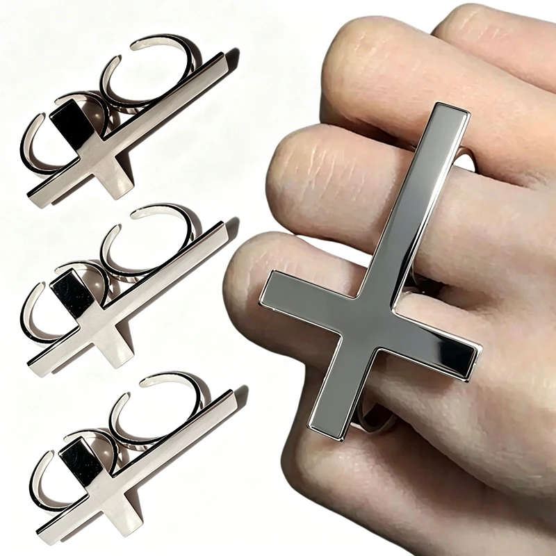 1/2 piezas Anillo Abierto Ajustable con Cruz Grande Estilo Retro Y2K, Anillo de Dos Dedos con Cruz para Mujeres y Hombres, Anillos de Acero Inoxidable Estilo Punk Hip-hop