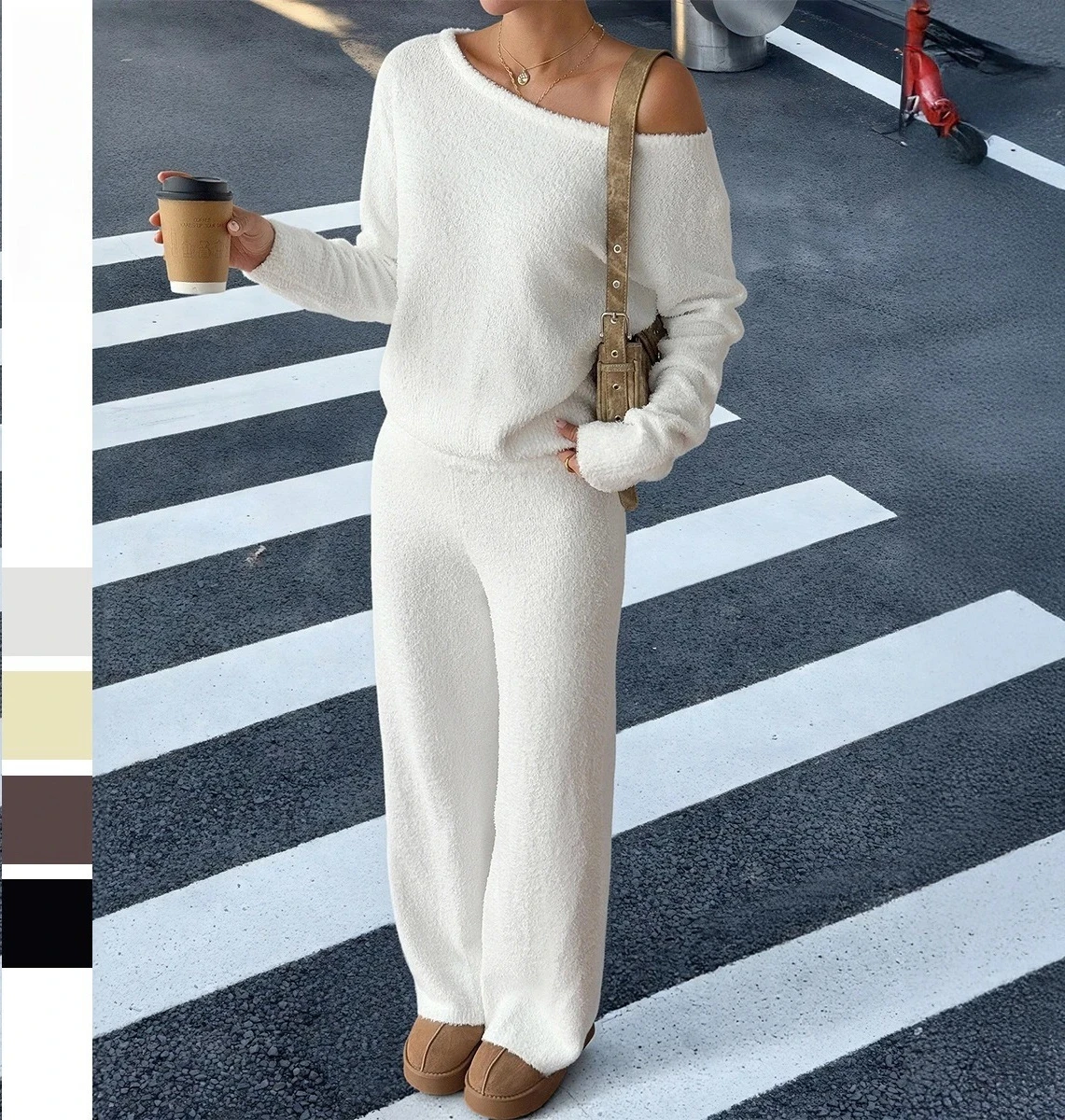 

Осенне-зимняя новая женская одежда, корейский повседневный спортивный шерстяной костюм, однотонный топ с открытыми плечами и длинными рукавами, брючный костюм