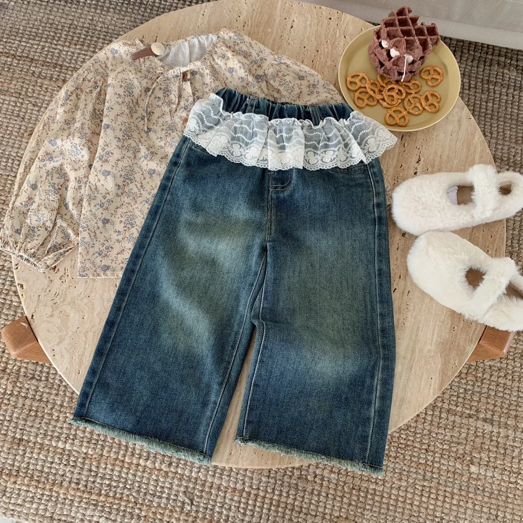 

Girl pants for age 2-7 years size 90-130 autumn 2024 new Korean version of foreign style lace jeans