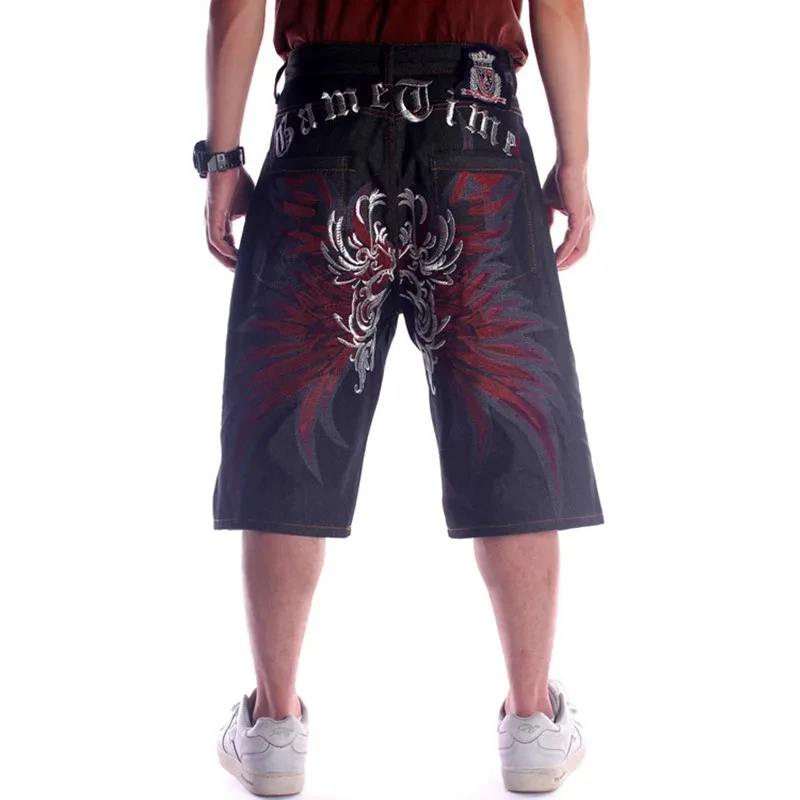 Fashion Street Dance Wide Legs y2k Men Jeans Embroidery Black Loose Board Jeans Cropped Pants Plus Size 30-46