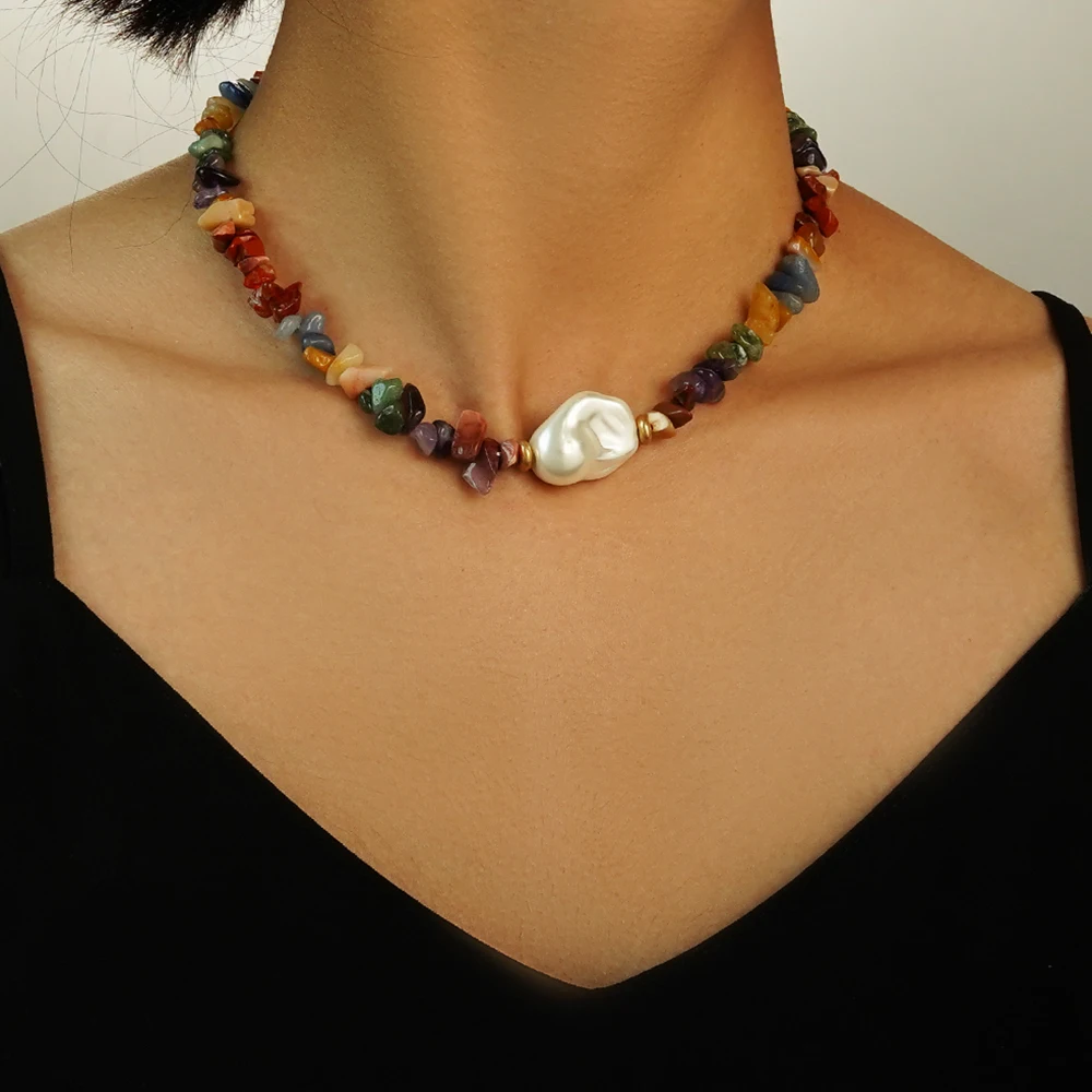 

Bohemian Fashion Natural Pearl Pendant Colorful Stone Necklaces Rose Quartz Amethyst Crystal Chokers Women Jewelry