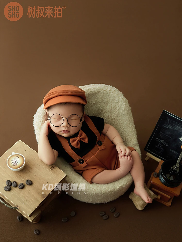 Whole Set Little Gentleman's Costume Baby Newborn Coffee Beans Props Mini Coffee Maker Baby Photo Accessories