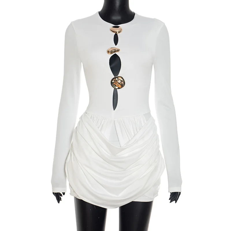 ملابس نسائية فستان مطوي بأكمام طويلة لخريف وشتاء 2025 فساتين قصيرة مثيرة مفرغة للحفلات أنيقة فاخرة