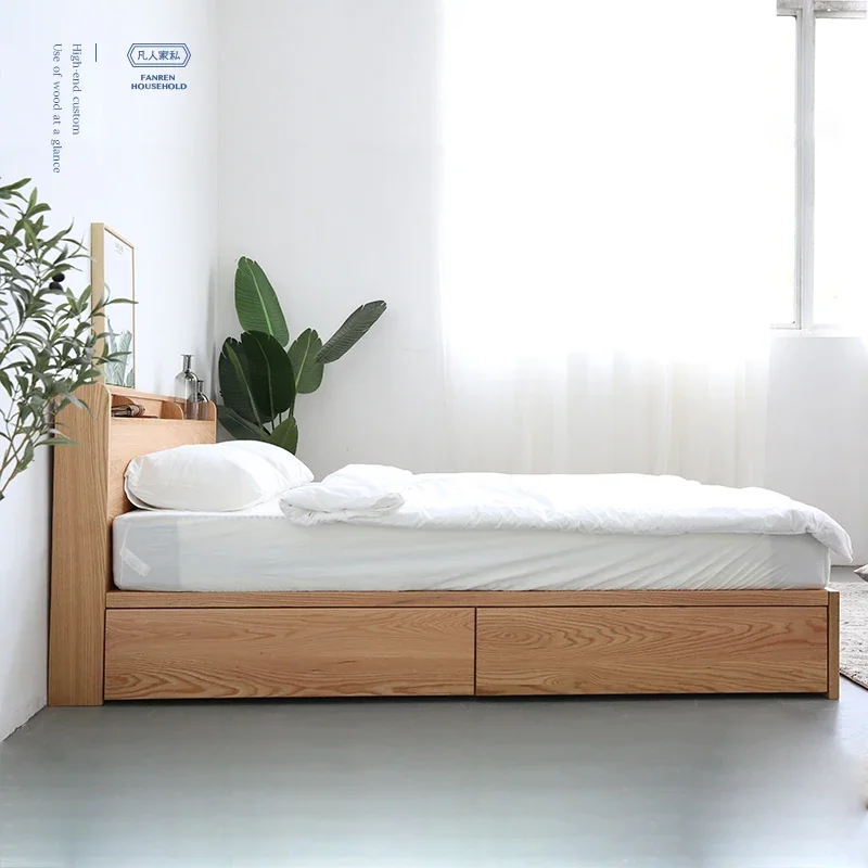 Modern minimalist oak box bed storage high box bed storage bed double