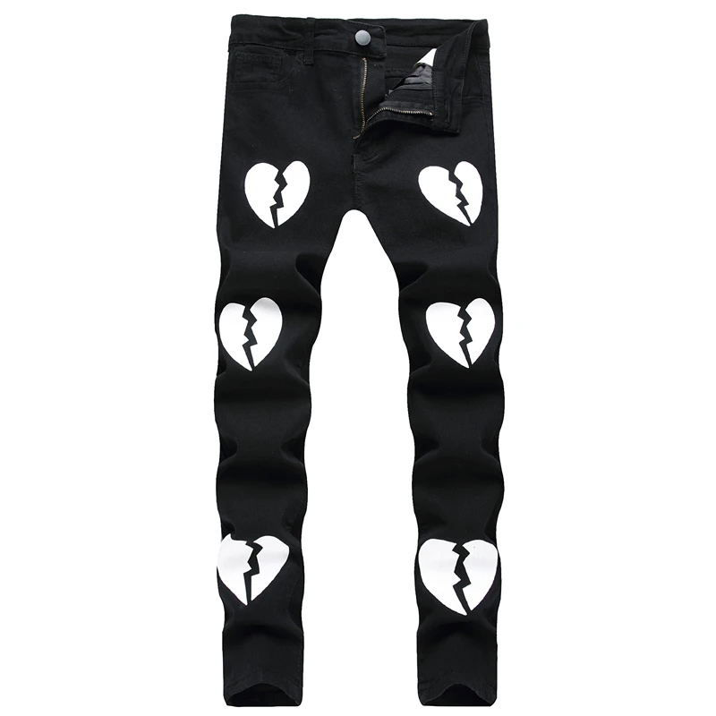 New Men's Casual Digital Printed Black Jeans 2022 Slim Stretch Pencil Pants Mid-Rise Hip Hop Street Wear