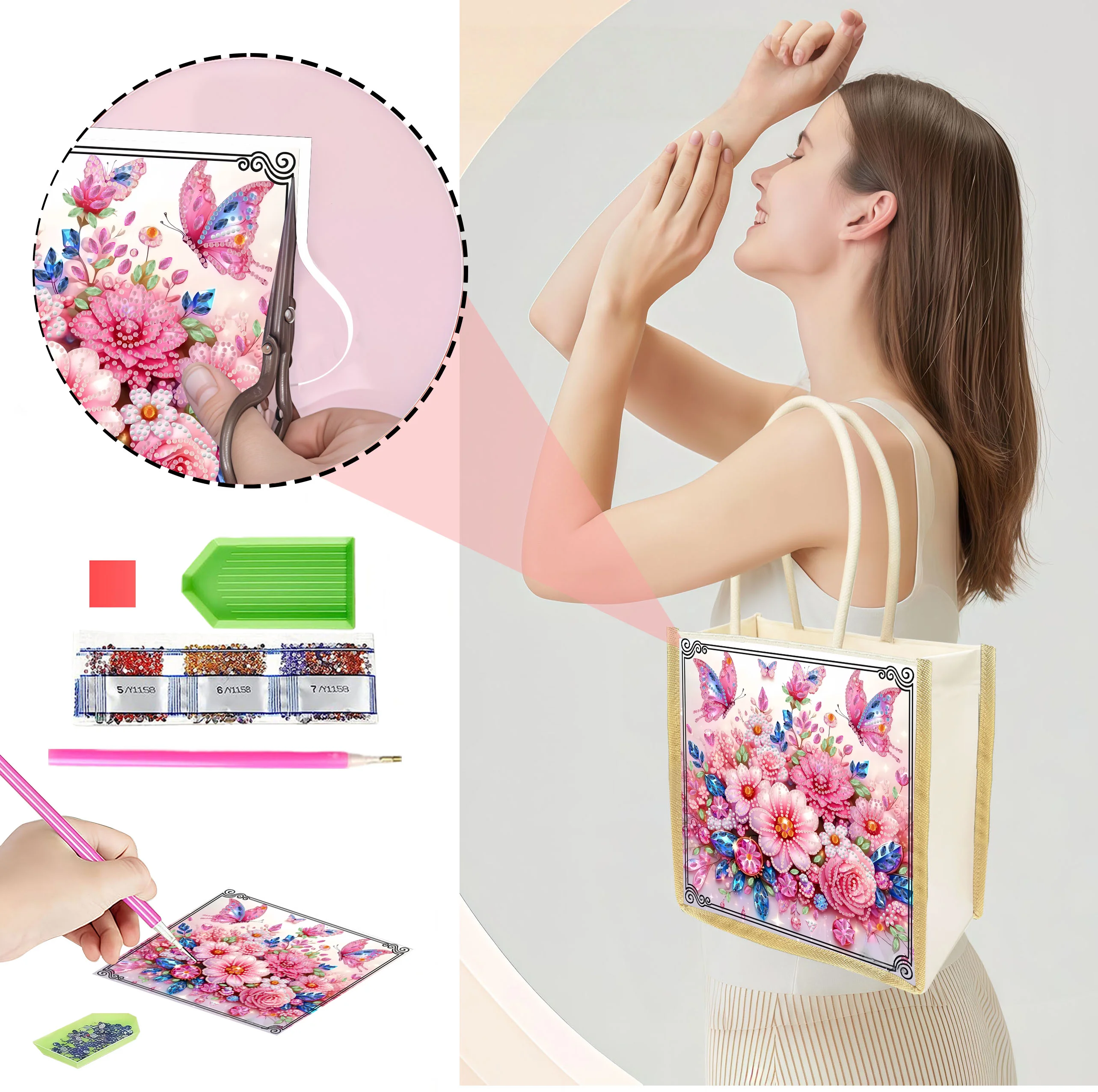 

A set of DIY diamond mosaic butterfly and flower pattern shopping bags, with multi-functional storage, meeting various needs.