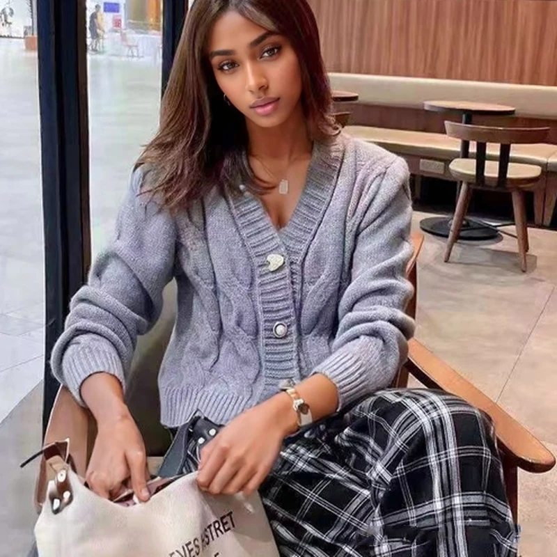 

Кардиган с v-образным вырезом и длинными рукавами, свитер, куртки, корейский новый повседневный элегантный однотонный трикотаж, короткие пальто, женский модный топ