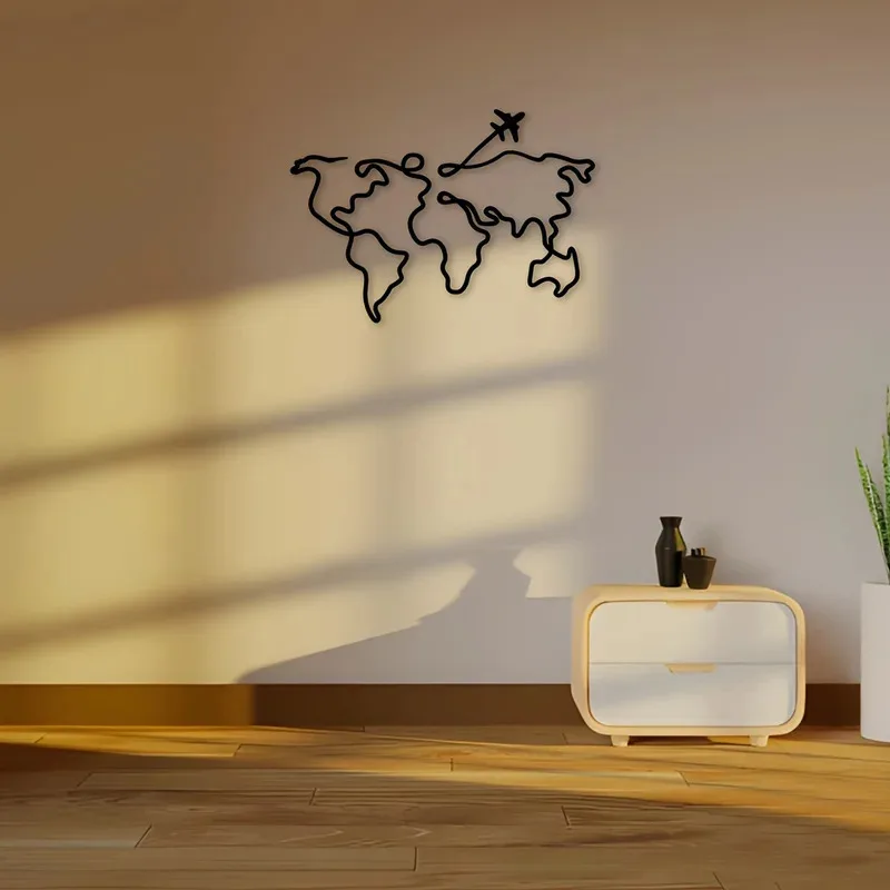 قطعة واحدة من نحت جدار معدني على طراز آرت ديكو، تصميم طائرة يطير حول العالم، فن جداري معدني حديث لغرفة المعيشة والمكتب