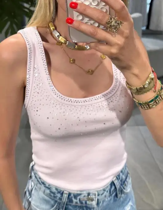 

Top Women 2026 Spring Summer New Fashion Rhinestone Decor U-Neck Sleeveless Slim Fit Ribbed Versatile Casual Tank Top