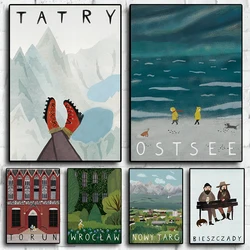 Poland Travel Tatra Mountains Baltic Sea Landscape Cartoon Poster Canvas Painting Nordic Wall Picture Kids Room Home Decor