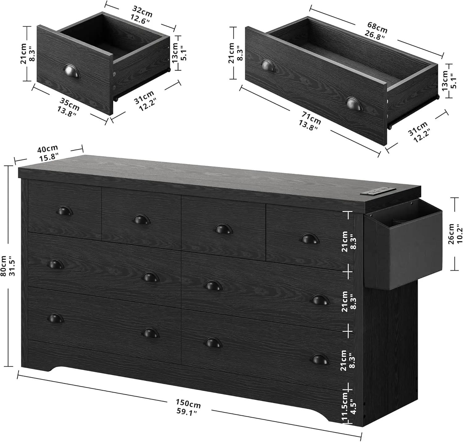 Likimio Dresser 8 Drawer, Modern Wood Bedroom Dresser With With Charging Station And Storage Bag, Storage Chest Of Drawers For