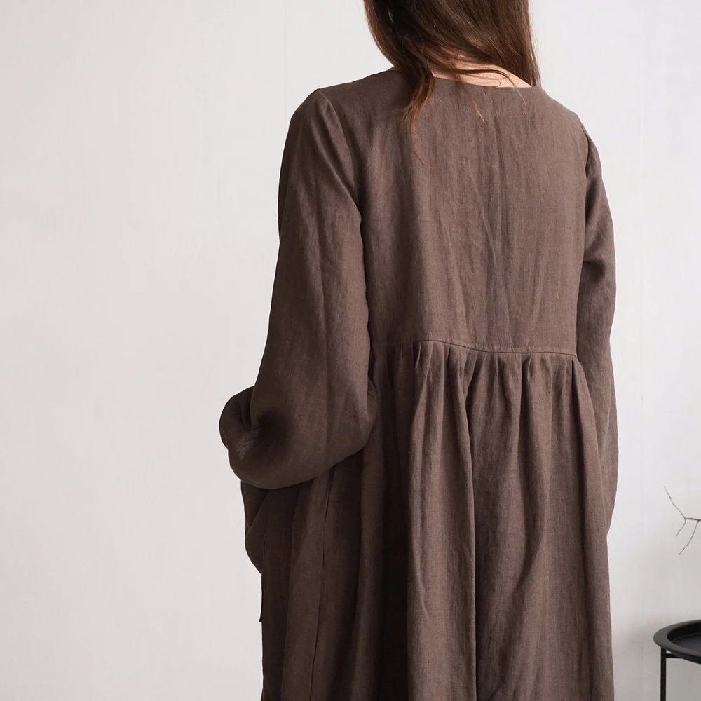 Vestido de maternidad de lino, corte holgado, con botones delanteros, marrón, Maxi, informal, de algodón, transpirable, ropa de maternidad, uso diario