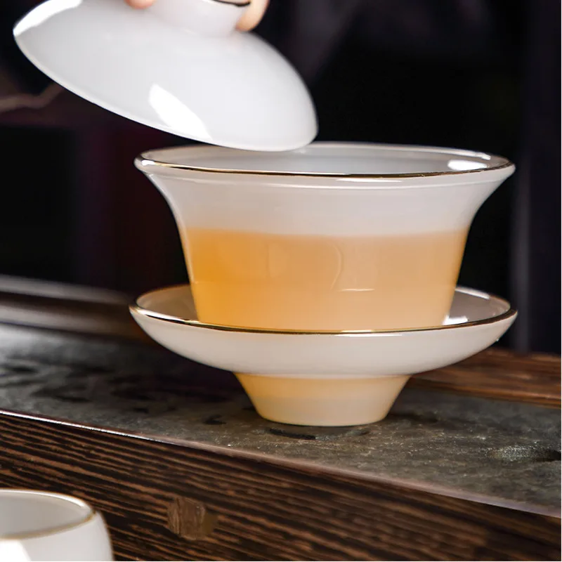   Chinese Classical Dopamine Color Glass Three Only Cover Bowl High Temperature Firing Glass Tea Is Not Hot With A Tea Cup