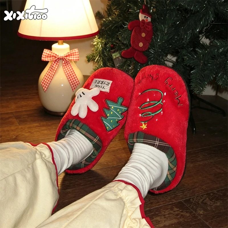 XIXITIAO New Winter Christmas Atmosphere Slippers for Men Women Fashion Funny Warm Anti-slip House Cotton Shoes Plush Footwear image 5