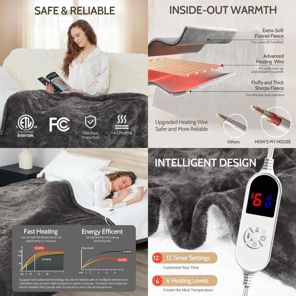 

50x60 Flannel Sherpa Electric Blanket, 12-Hour Timer, 6 Heat Levels, Overheat Protection, ETL Certified, Gray