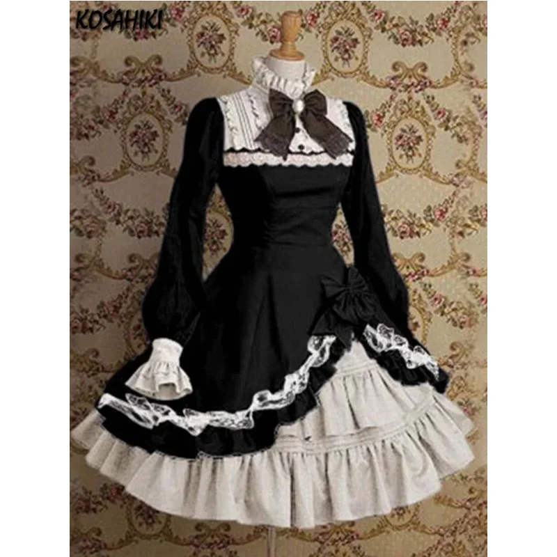 

KOSAHIKI Japanese Style Women Gothic Cosplay Dresses High Waist Contrast-Color Ruffled Sweet Lolita Dress Kawaii Clothing