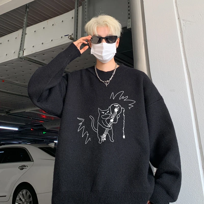 

Men's Oversized Sweaters Autumn White Knitted Sweater Fashion Anime Print Casual Wear for Man Knit Pulloves Men Clothes