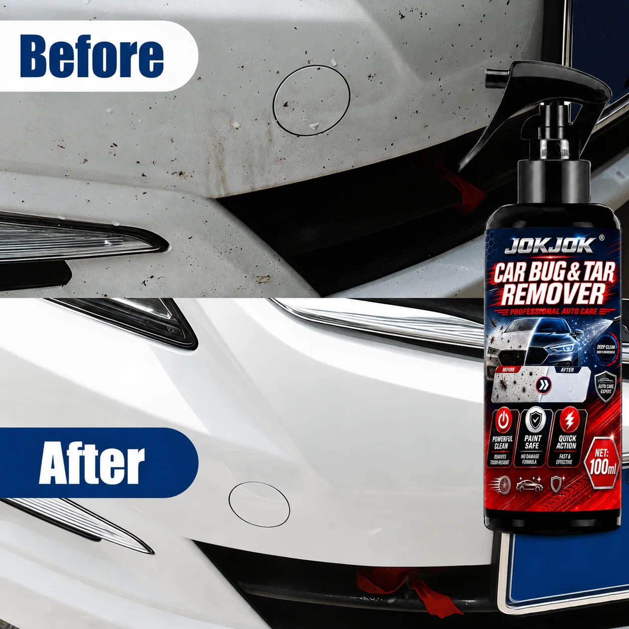 JokJok Bug Remover Car Spray Auto Insect Residue Tar Stain Cleaner Spray For Car Hood Windshield Bumper Safe Paint Care 100ml