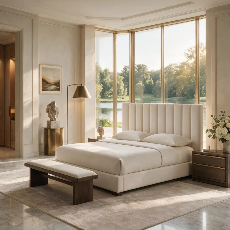 Designer-designed fabric cross-slotted extended bed with storage and high headboard for luxury villa hotels