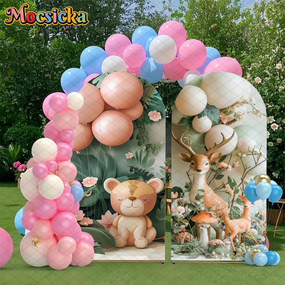 ฉากหลังโค้ง Mocsicka สำหรับงานวันเกิด งานแต่งงาน งานเลี้ยงฉลอง  แบบยืดหยุ่นสองด้าน  ตกแต่งด้วยดอกไม้และลูกโป่ง